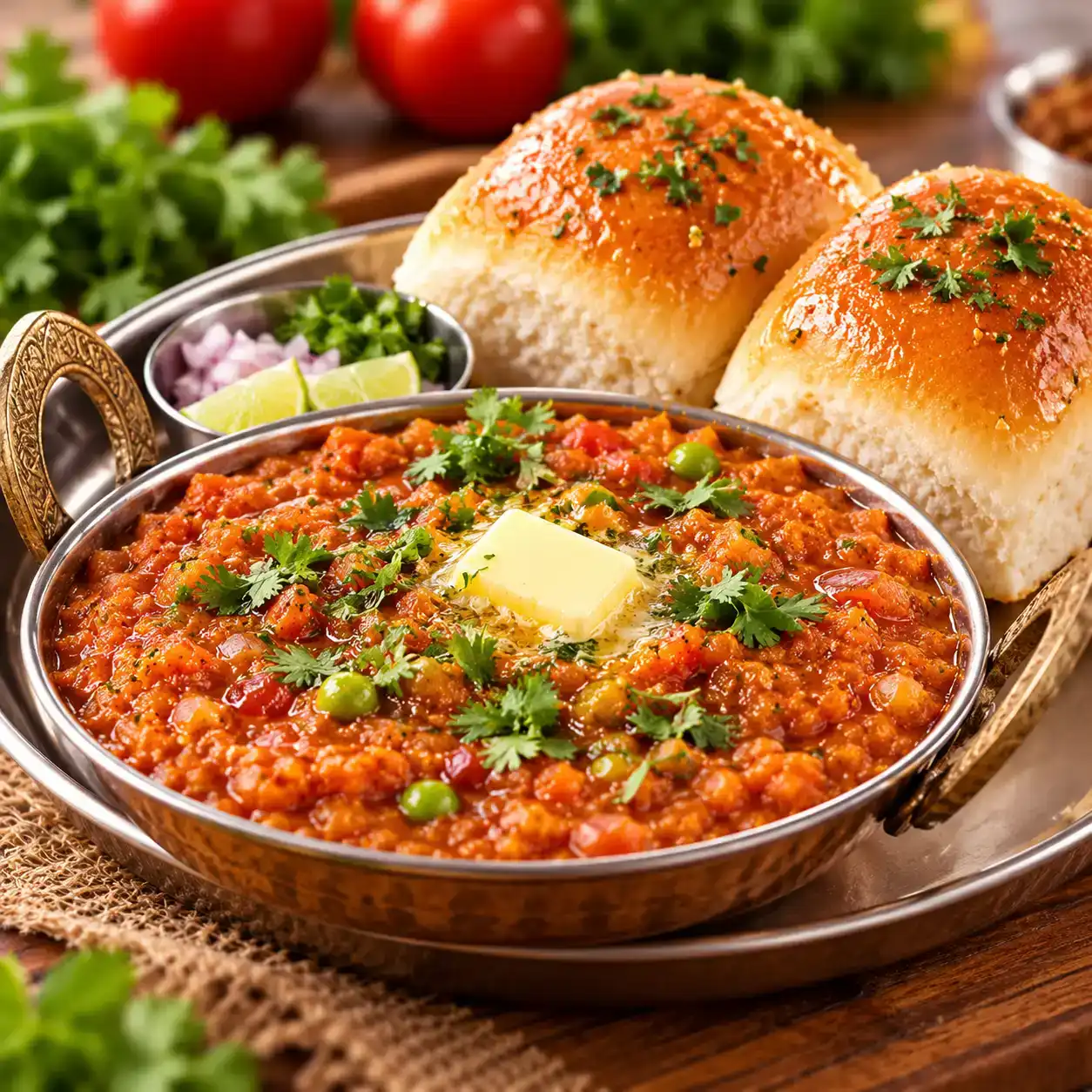 Pav Bhaji — A vibrant medley of mashed vegetables, slow-cooked with aromatic at Apna Bazar - Eatery